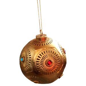 Gold Geometric Christmas Ornament With Jewel Embellishments & Hanging String
